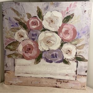Flower basket print wall art on wood frame RAZ Imports Haley Bush cottagecore